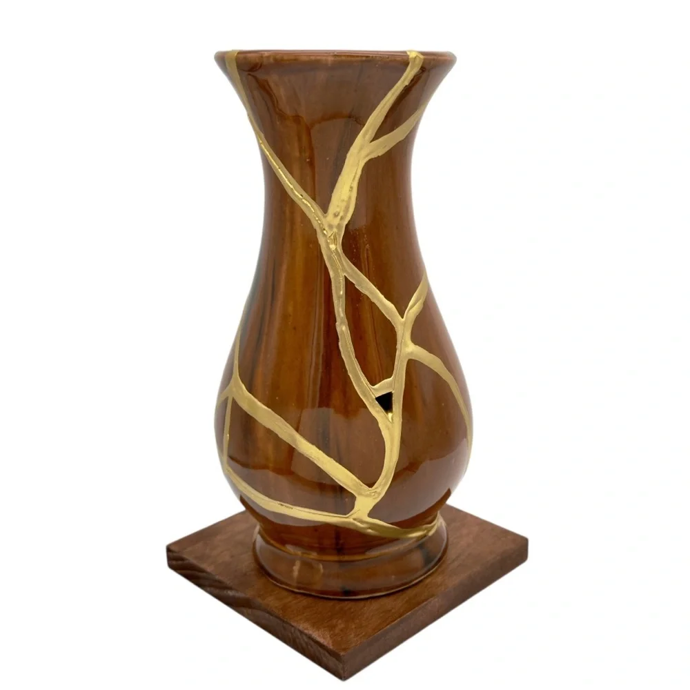 Kintsugi Vase Brown Glazed Pottery Gold Crack Art Anniversary Growth Gift - Picture 16 of 17